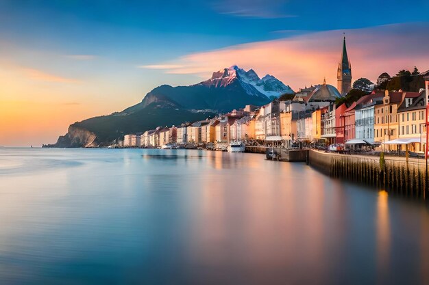 eine Stadt mit einem Berg im Hintergrund und einem Berg im hintergrund