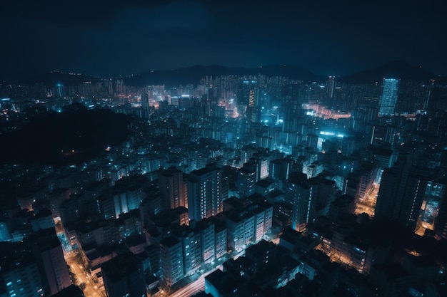 Eine Stadt mit einem blauen Licht in der Mitte