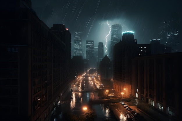 Eine Stadt mit einem Blitzeinschlag am Himmel