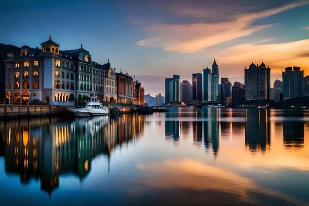 Eine Stadt mit einem Boot im Wasser