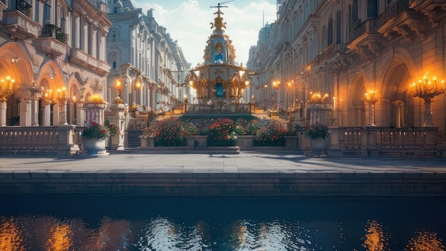 Eine Stadt mit einem Brunnen im Vordergrund und einem Gebäude mit einem Springbrunnen im Hintergrund.