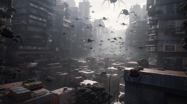 Eine Stadt mit einem Haufen Spinnen