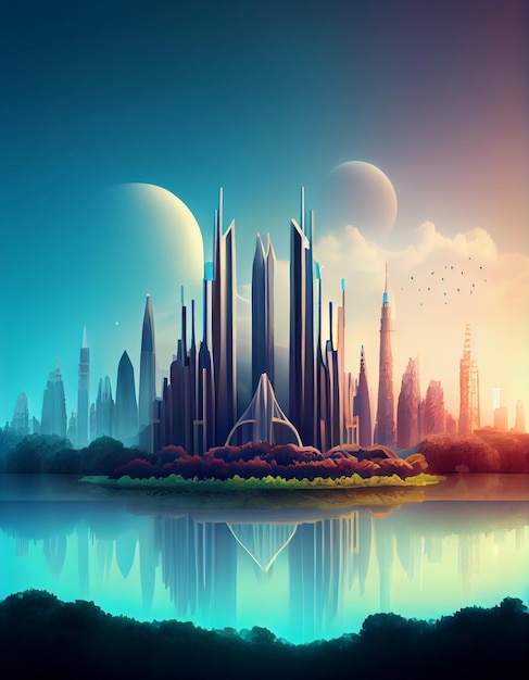 Eine Stadt mit einem Mond und einem Planeten