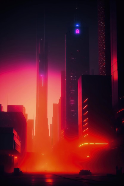 Eine Stadt mit einem Neonschild, auf dem „Cyberpunk“ steht