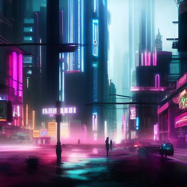 Eine Stadt mit einem Neonschild, auf dem „Cyberpunk“ steht