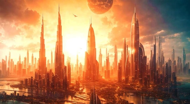 Eine Stadt mit einem Planeten in der Mitte