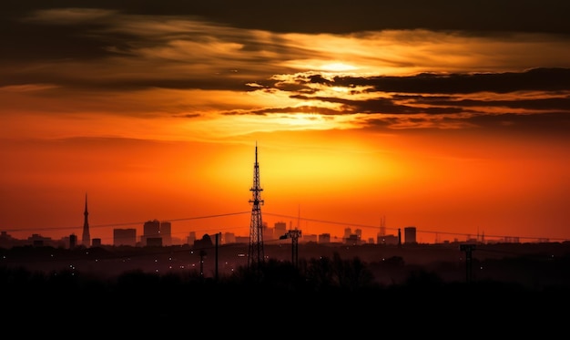 Eine Stadt mit einem Sonnenuntergang im Hintergrund