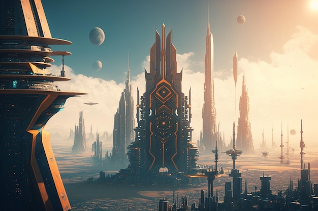 Eine Stadt mit einem Turm und einem Planeten im Hintergrund KI-generierte Kunstwerke