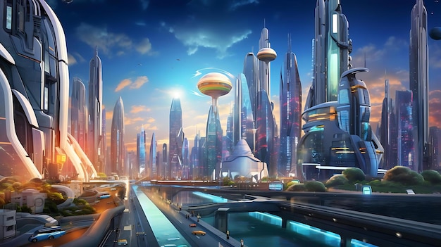 Eine Stadt mit einer futuristischen Stadt im Hintergrund