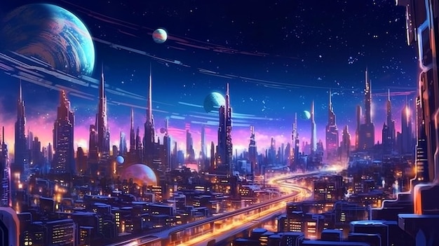 Eine Stadt mit einer Stadt und einem Planeten an der Spitze