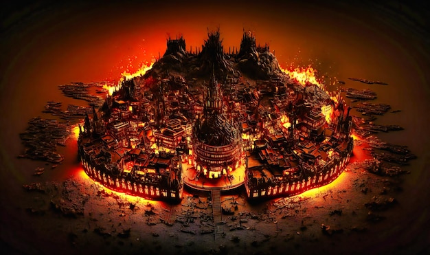 Eine Stadt mit Feuerstellen, Lavaflüssen und dämonischen Kreaturen