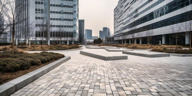 Eine Stadt mit modernen Gebäuden und einem Steinweg