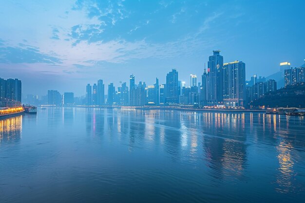 Foto eine stadt-skyline mit einem wasserkörper im vordergrund