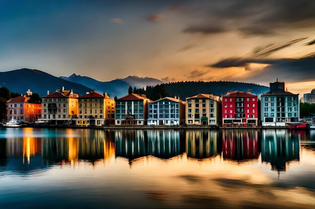 Foto eine stadt spiegelt sich bei sonnenuntergang im wasser wider.