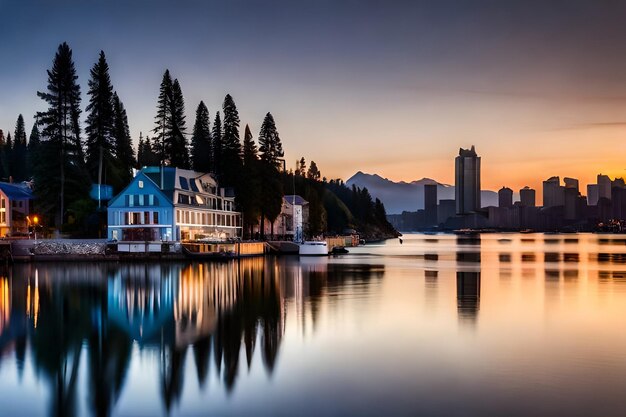 Eine Stadt spiegelt sich bei Sonnenuntergang im Wasser wider.