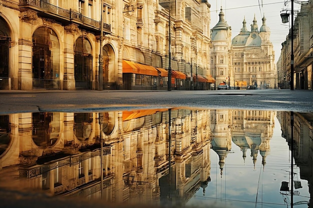 Eine Stadt spiegelt sich im Wasser.