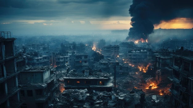 Eine Stadt voller Trümmer und brennender Gebäude