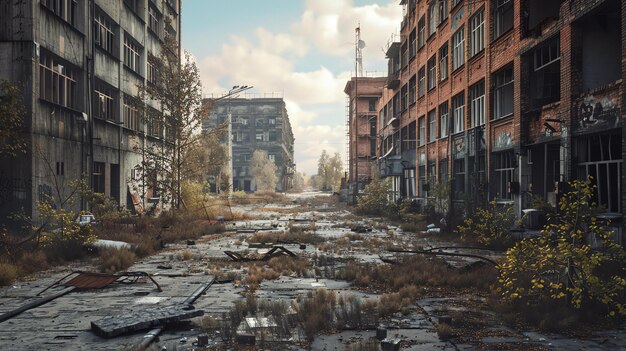 Foto eine stadtlandschaft in trümmern mit zerstörten gebäuden und überwachsener vegetation die szene ist eine der verwüstung und verlassenheit ohne sichtbare menschen