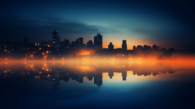 Eine Stadtlandschaft mit einem nebligen Himmel und den Lichtern der Stadt, die sich im Wasser spiegeln.