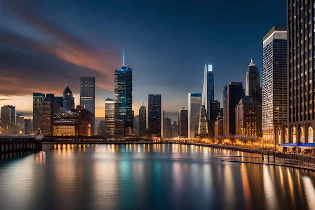 Eine Stadtsilhouette mit der Skyline von Chicago bei Nacht.