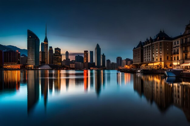 Eine Stadtsilhouette mit einer Spiegelung einer Stadt im Wasser.