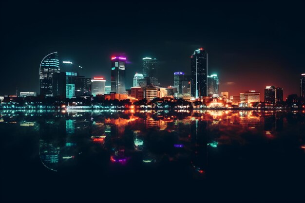 Eine Stadtskyline bei Nacht mit bunten Lichtern und Reflexionen auf dem Wasser Hintergrund des Geschäftsviertels Generative Ai