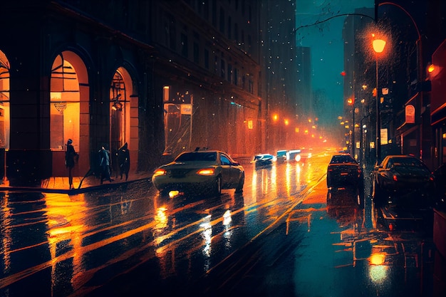 Eine Stadtstraße bei Nacht mit am Straßenrand geparkten Autos und eine regennasse Straße mit Lichtern auf der Straße und Gebäuden Generative KI