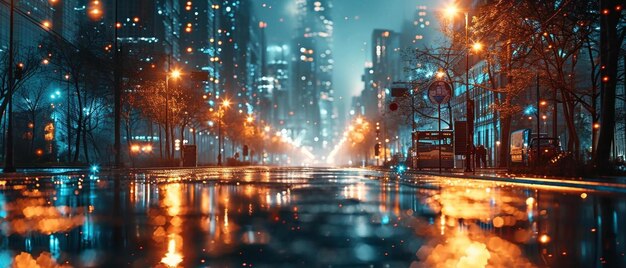 Foto eine stadtstraße in der nacht mit lichtern, die sich in einer pfütze reflektieren.