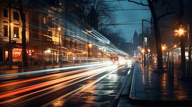 Eine Stadtstraße mit Autos und Gebäuden in der Nacht