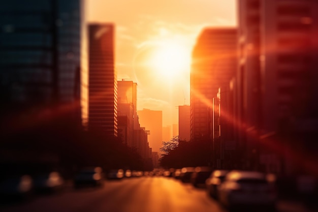 Eine Stadtstraße mit einem Sonnenuntergang im Hintergrund