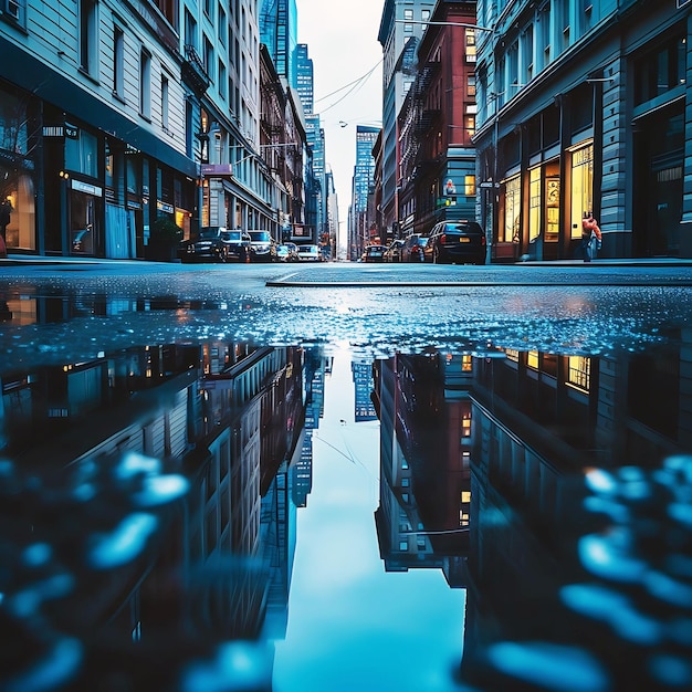 Foto eine stadtstraße mit einer wasserpfütze, auf der sich ein gebäude spiegelt