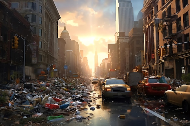 Eine Stadtstraße mit Müll auf dem Boden und ein Stadtbild mit einem Stadtbild im Hintergrund.