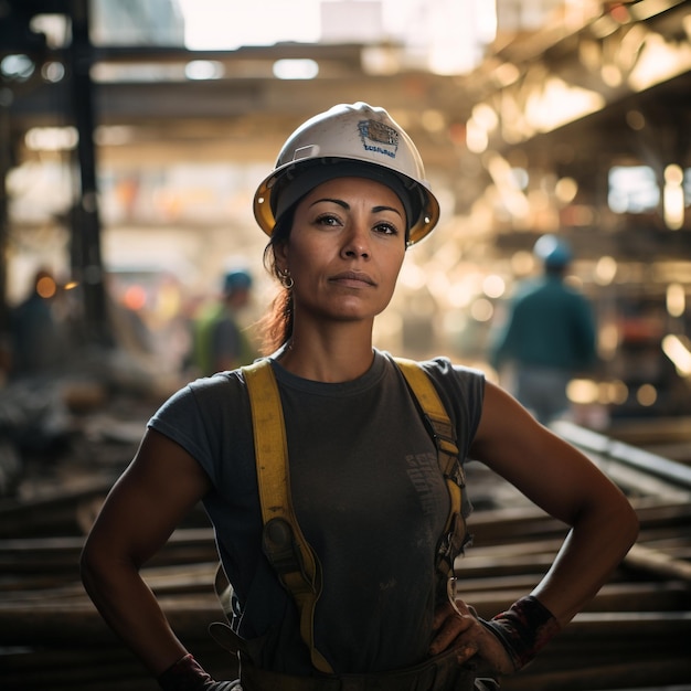 Eine starke Arbeiterin inmitten einer geschäftigen Baustelle, umgeben von Balken und Maschinen