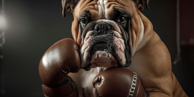 Eine starke Bulldogge, die ein Paar Boxhandschuhe trägt Von KI generiert