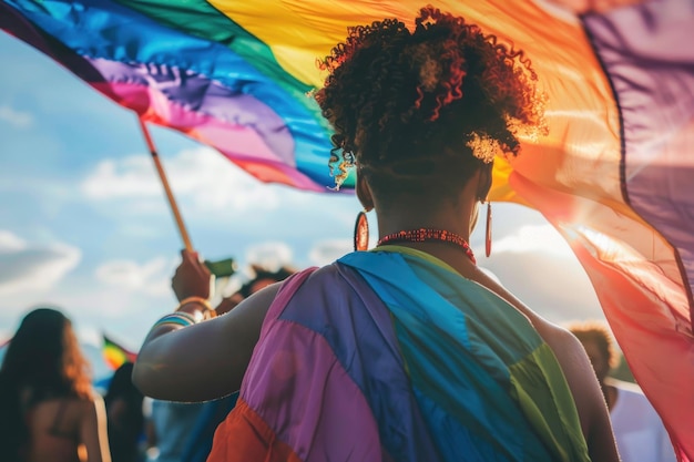 Eine starke Frau hält stolz eine Regenbogenflagge bei einer lebendigen Pride-Parade, die Einheit, Liebe und Akzeptanz symbolisiert