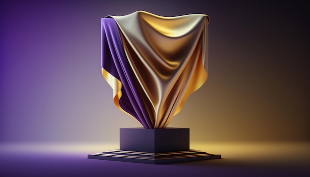 Eine Statue aus goldener und violetter Seide mit violettem Hintergrund.