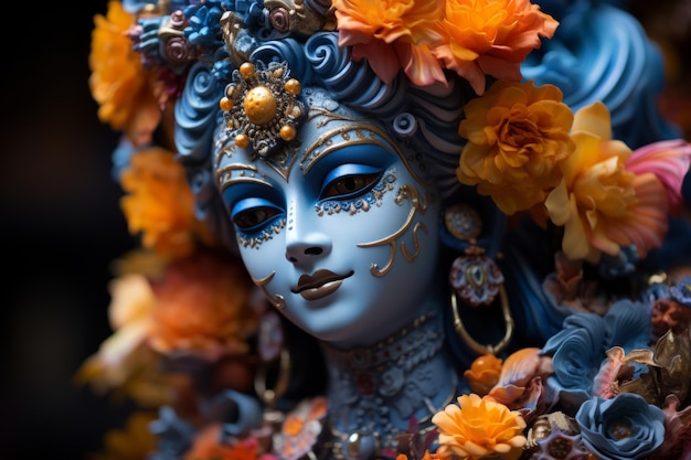 Eine Statue der hinduistischen Göttin Krishna mit Blumen auf dem Kopf