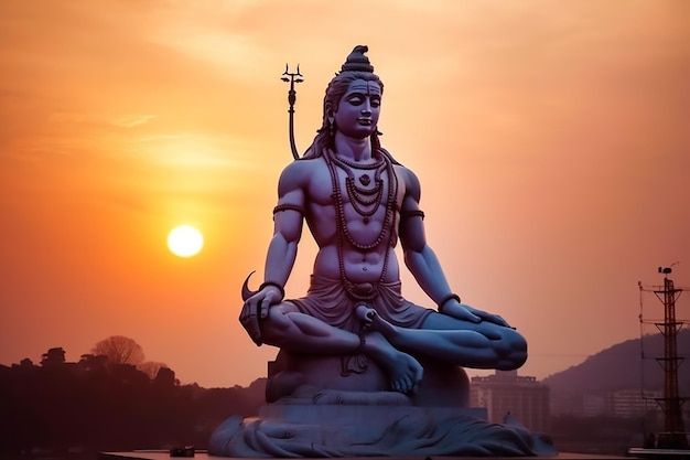Eine Statue des Gottes Shiva sitzt vor einem Sonnenuntergang