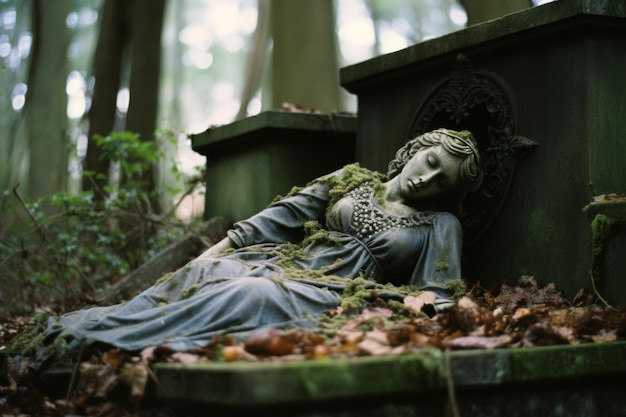 Foto eine statue, die auf einem grabstein im wald liegt