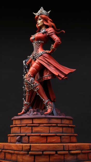 eine Statue einer Frau, die ein rotes Kleid mit rotem Rock und rotem Rock trägt.