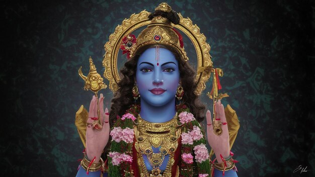 eine Statue einer Frau mit einem blauen Gesicht und dem Wort Gott darauf