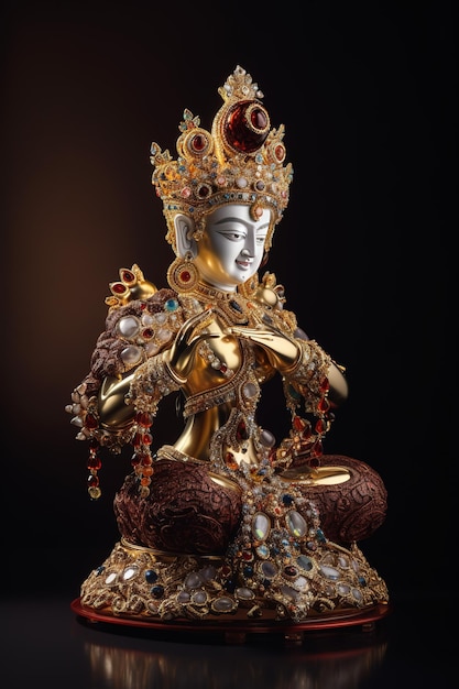 Eine Statue einer Göttin mit einer goldenen und roten Muschel und dem Wort Buddha darauf.