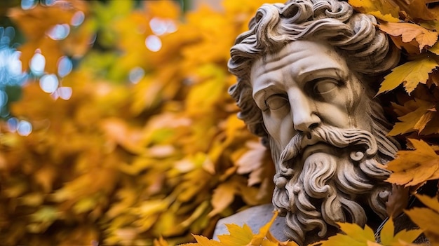 eine Statue eines bärtigen Mannes, umgeben von Blättern