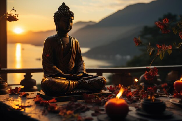 Eine Statue eines Buddha steht vor einem Sonnenuntergang generativ IA