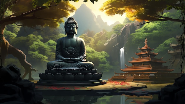 eine Statue eines Buddhas, der auf einem Felsen sitzt, der von einem Wasserfall umgeben ist