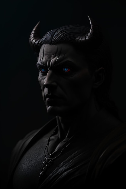 Eine Statue eines Dämons mit blauen Augen und einem roten leuchtenden Auge.