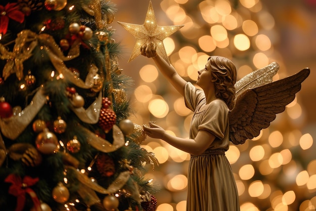 Eine Statue eines Engels steht neben einem Weihnachtsbaum und hält einen Stern in den Händen Ein Engel, der den Stern auf einen hohen Weihnachtenbaum legt