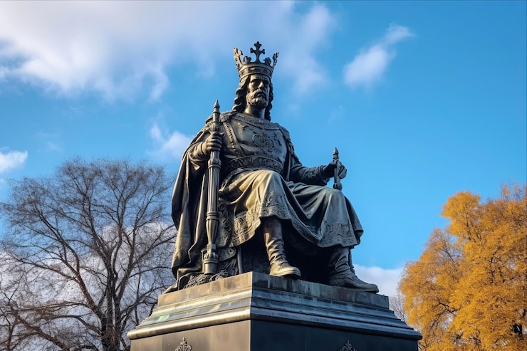 Foto eine statue eines königs steht vor einem gebäude mit einer statue einer krone