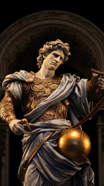 eine Statue eines Mannes, der ein Schwert vor einem großen goldenen Ball hält