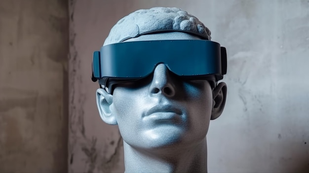 Eine Statue eines Mannes, der eine Virtual-Reality-Brille trägt.